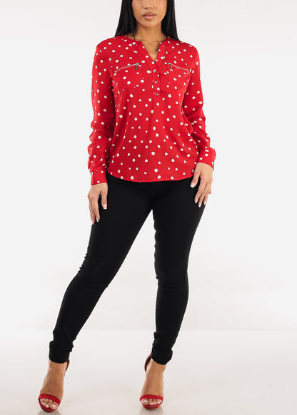 Long Sleeve Half Button Up Polka Dot Blouse Red