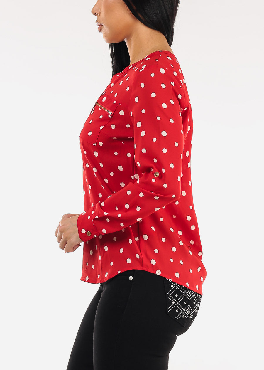 Long Sleeve Half Button Up Polka Dot Blouse Red