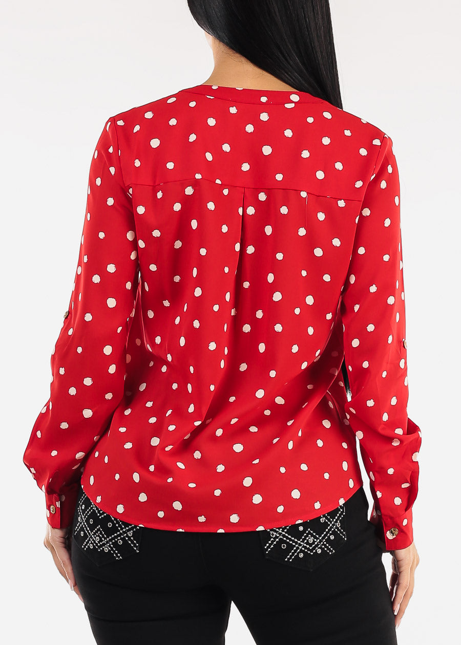 Long Sleeve Half Button Up Polka Dot Blouse Red