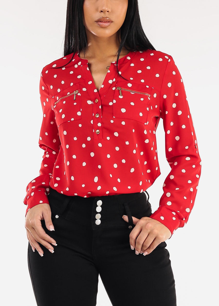 Long Sleeve Half Button Up Polka Dot Blouse Red
