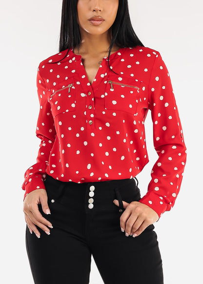 Long Sleeve Half Button Up Polka Dot Blouse Red