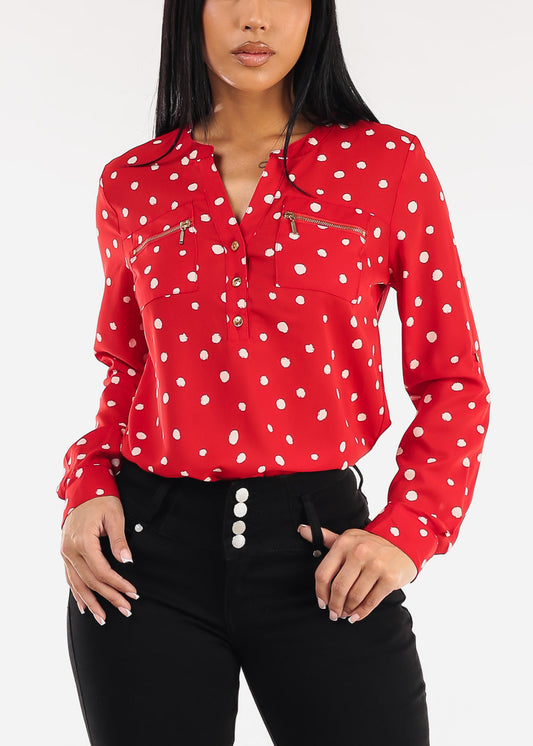 Long Sleeve Half Button Up Polka Dot Blouse Red
