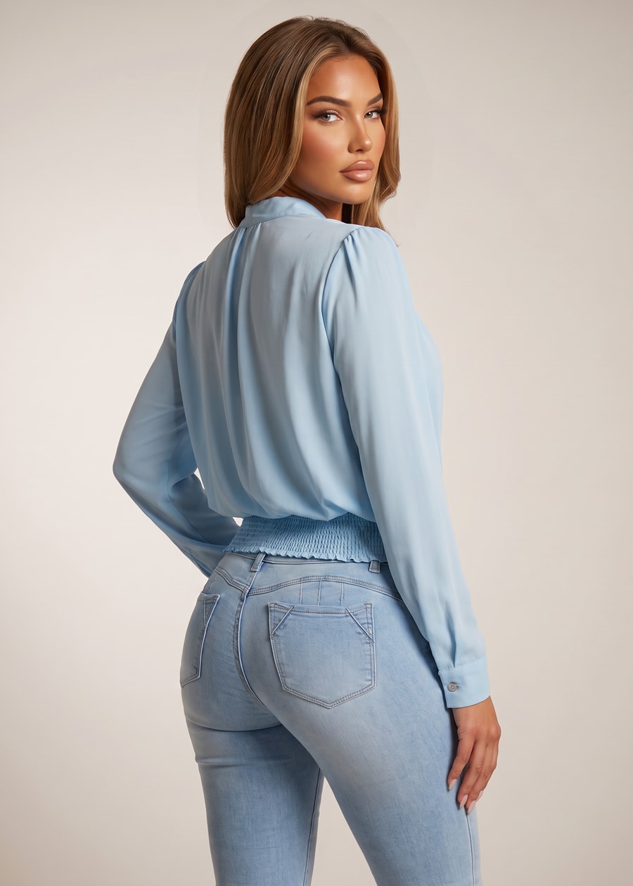 Surplice Long Sleeve Smocked Waist Blouse Light Blue, view 2 of 2