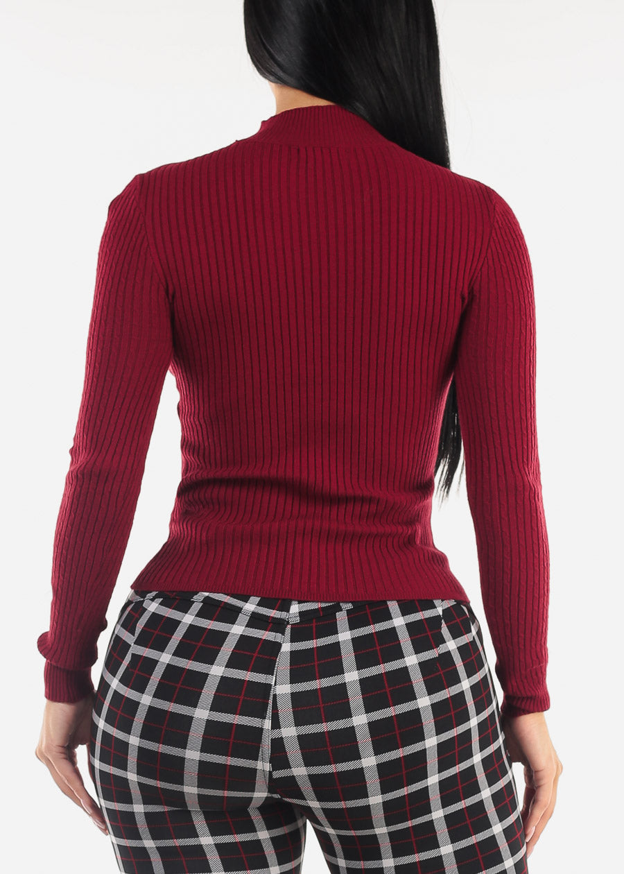 Long Sleeve Mock Neck Ribbed Sweater Burgundy