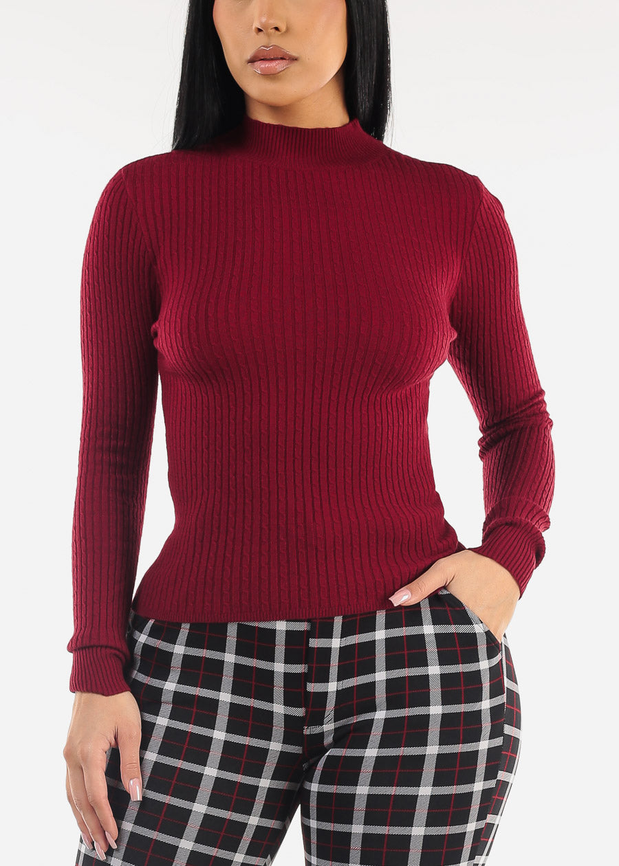 Long Sleeve Mock Neck Ribbed Sweater Burgundy