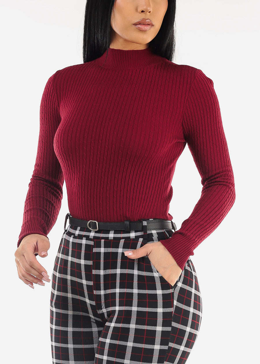 Long Sleeve Mock Neck Ribbed Sweater Burgundy