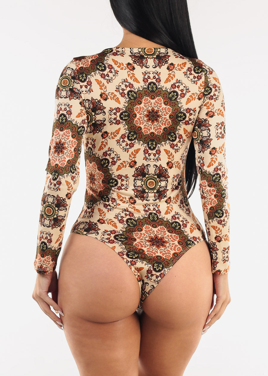 Long Sleeve Floral Stretch Thong Bodysuit Khaki