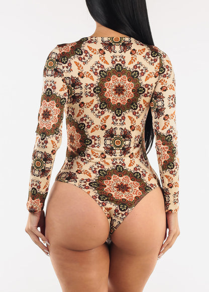 Long Sleeve Floral Stretch Thong Bodysuit Khaki