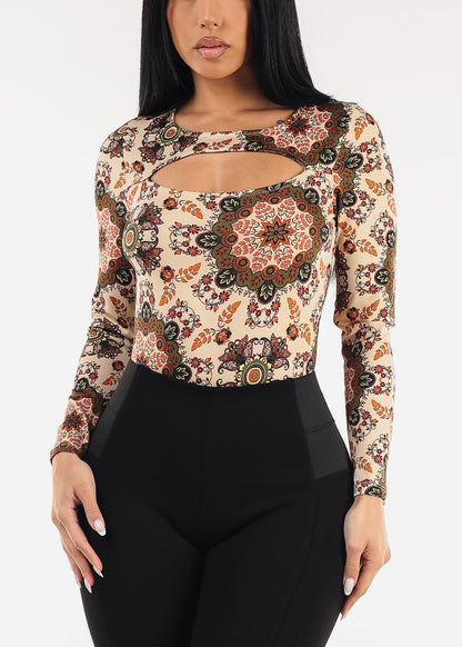 Long Sleeve Floral Stretch Thong Bodysuit Khaki