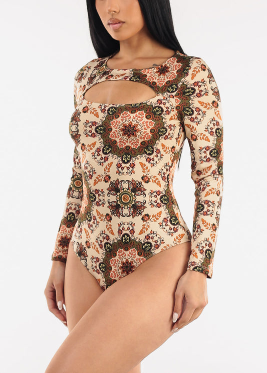 Long Sleeve Floral Stretch Thong Bodysuit Khaki