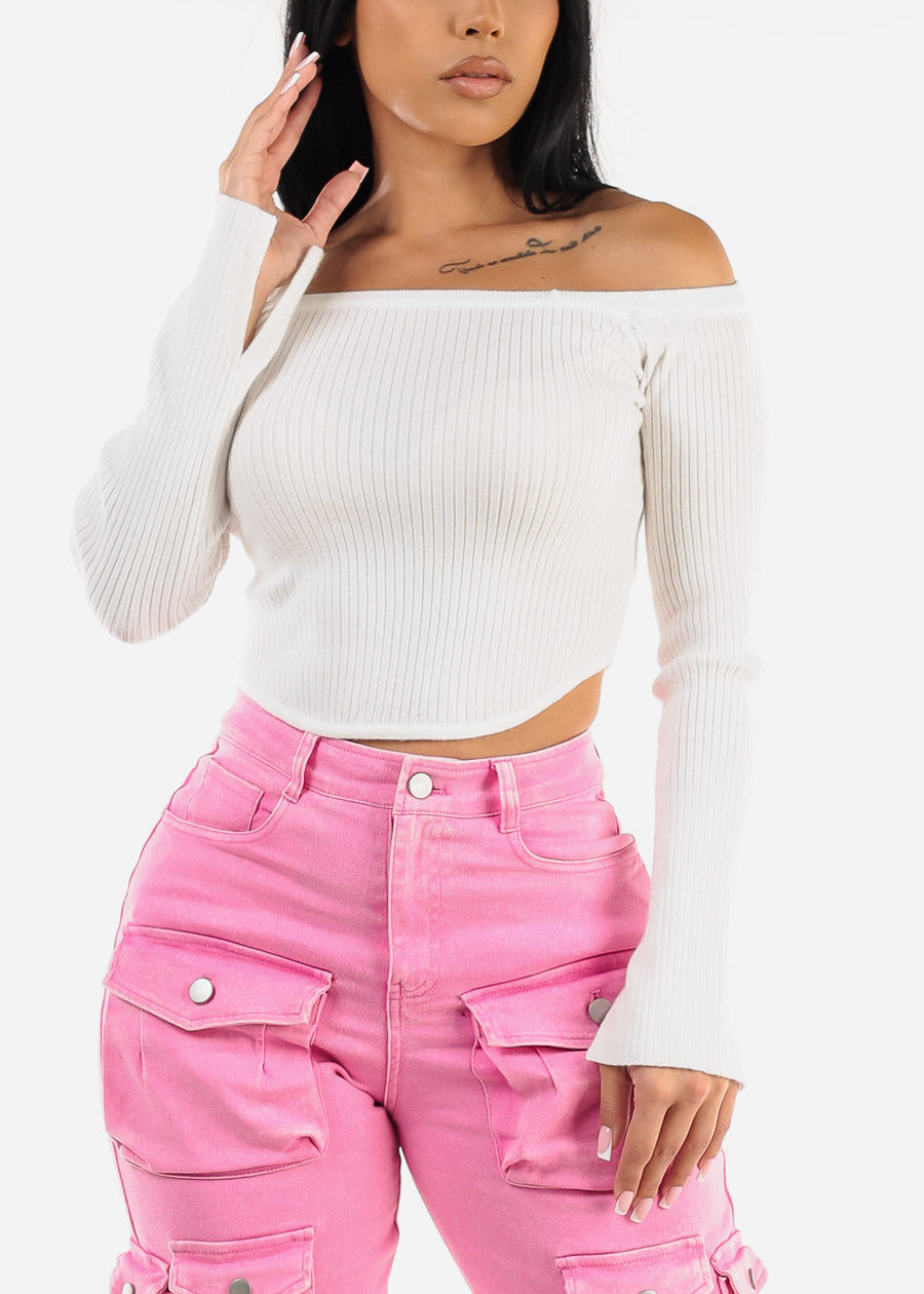 Off Shoulder Long Sleeve White Cropped Sweater