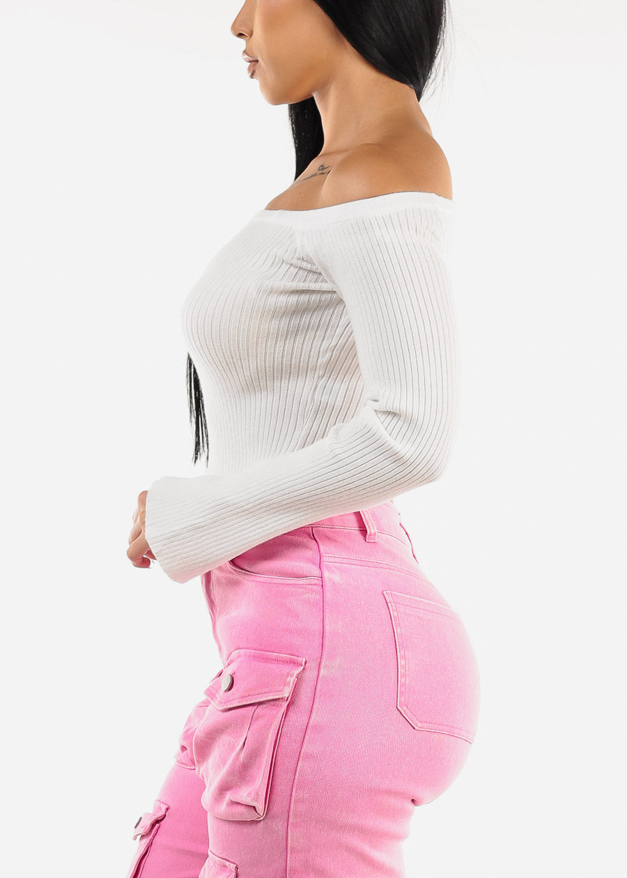 Off Shoulder Long Sleeve White Cropped Sweater