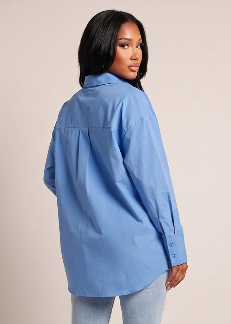 Long Sleeve Button Up Stretch Collared Blouse Blue, view 2 of 4