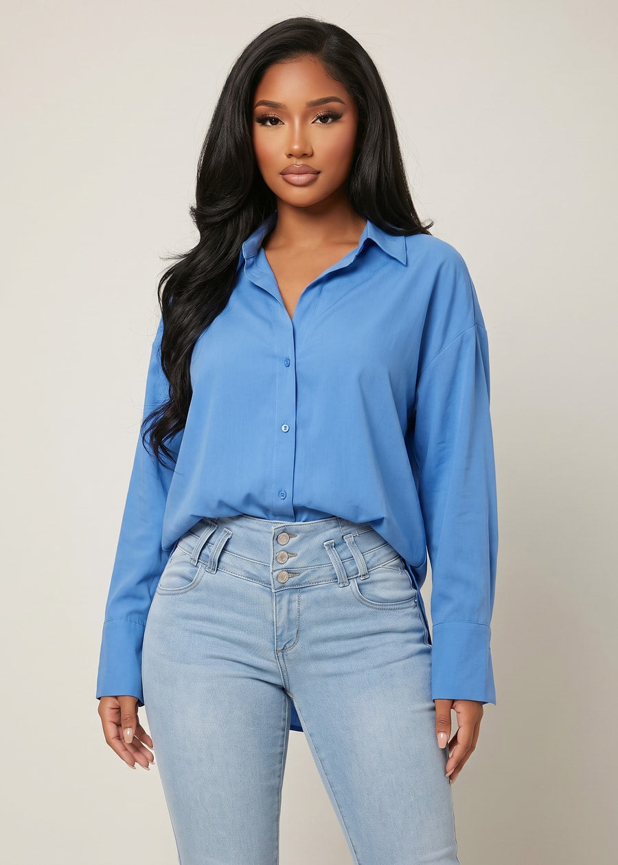 Long Sleeve Button Up Stretch Collared Blouse Blue, view 3 of 4