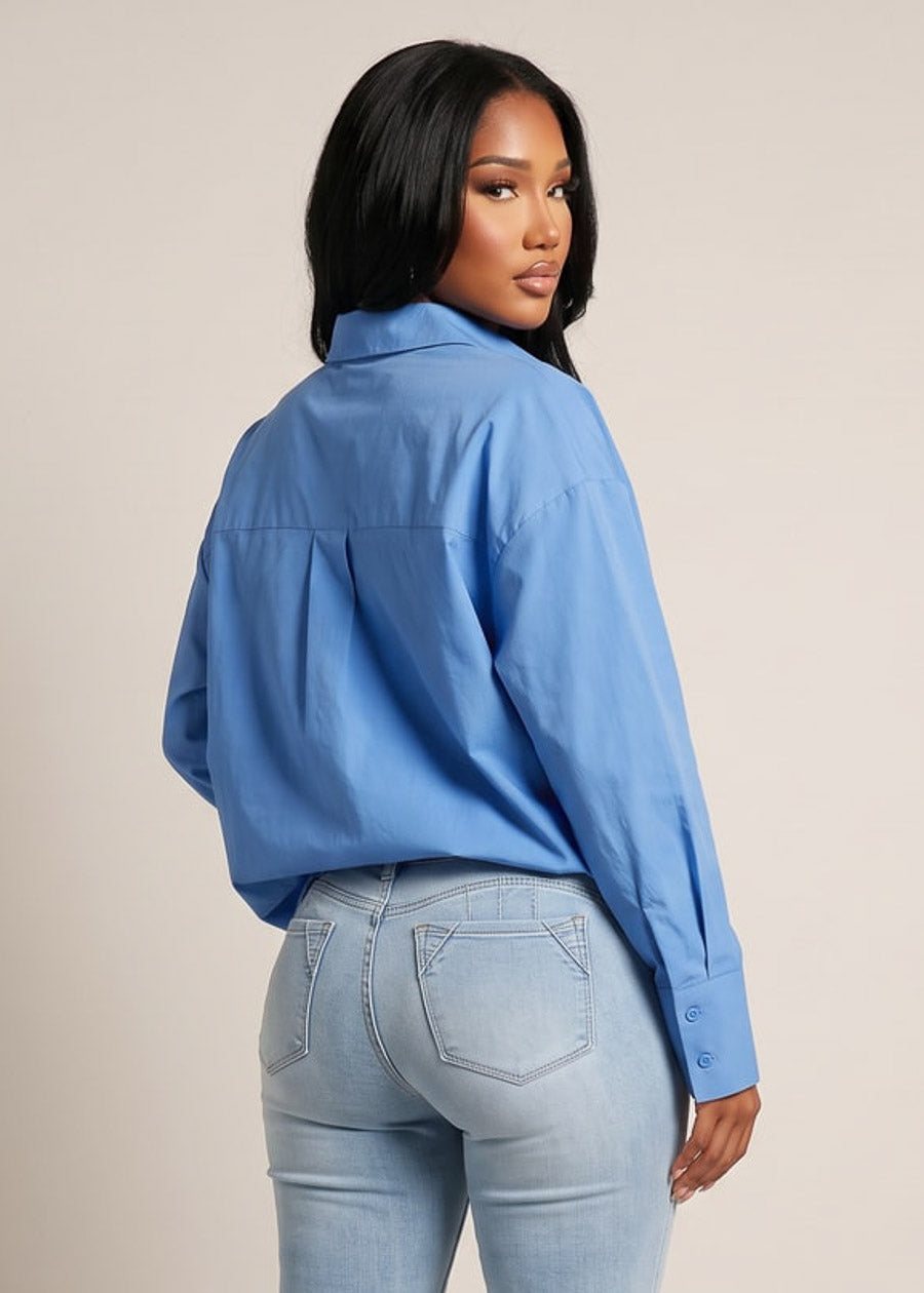 Long Sleeve Button Up Stretch Collared Blouse Blue, view 4 of 4