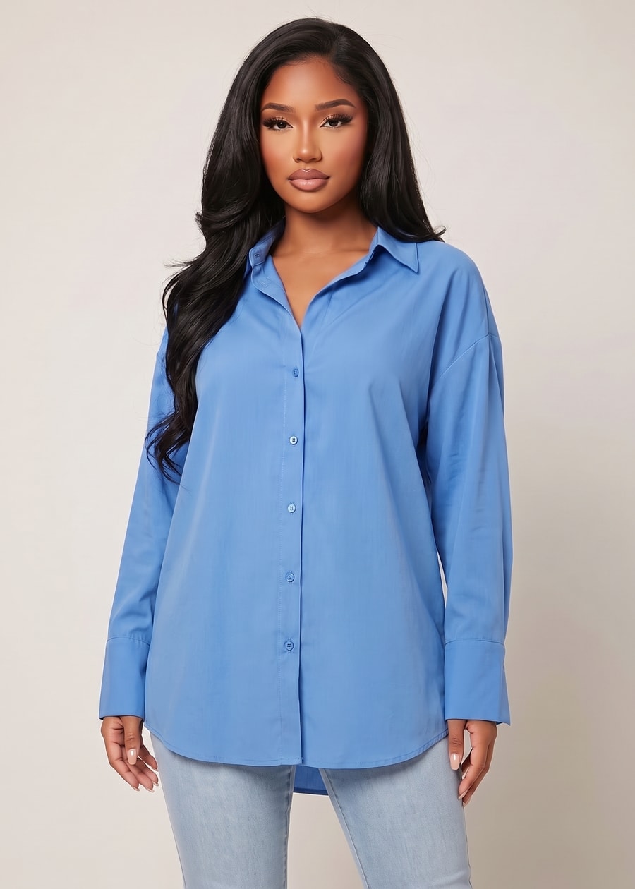 Long Sleeve Button Up Stretch Collared Blouse Blue, view 1 of 4