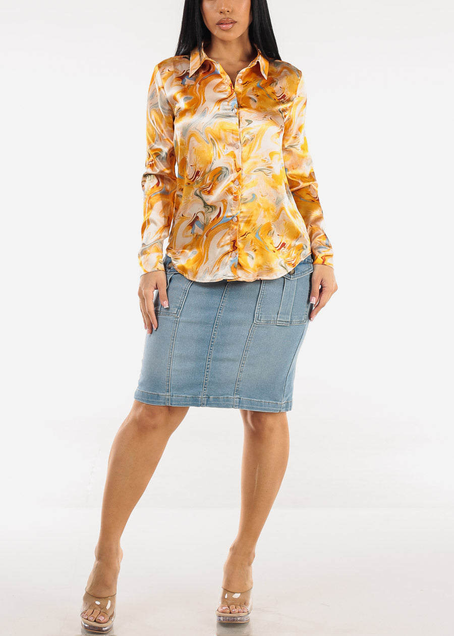 Long Sleeve Stretch Satin Collared Blouse Orange