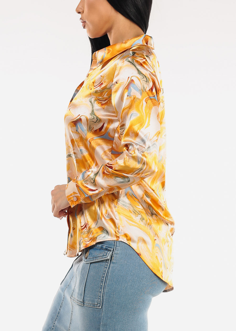 Long Sleeve Stretch Satin Collared Blouse Orange