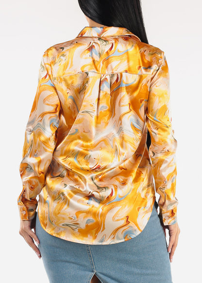 Long Sleeve Stretch Satin Collared Blouse Orange