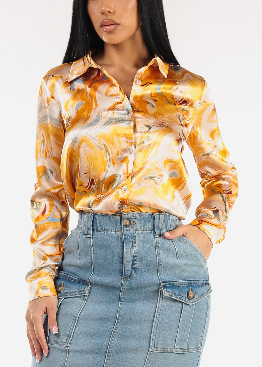 Long Sleeve Stretch Satin Collared Blouse Orange