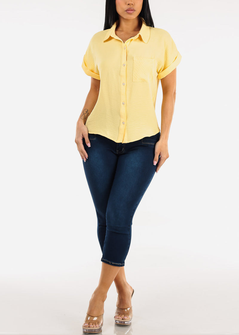 Short Sleeve Button Down Lightweight Blouse Yellow