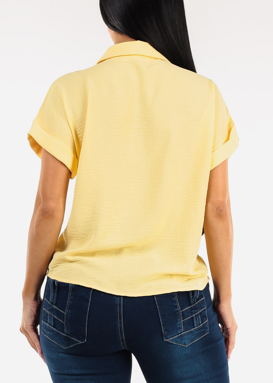 Short Sleeve Button Down Lightweight Blouse Yellow