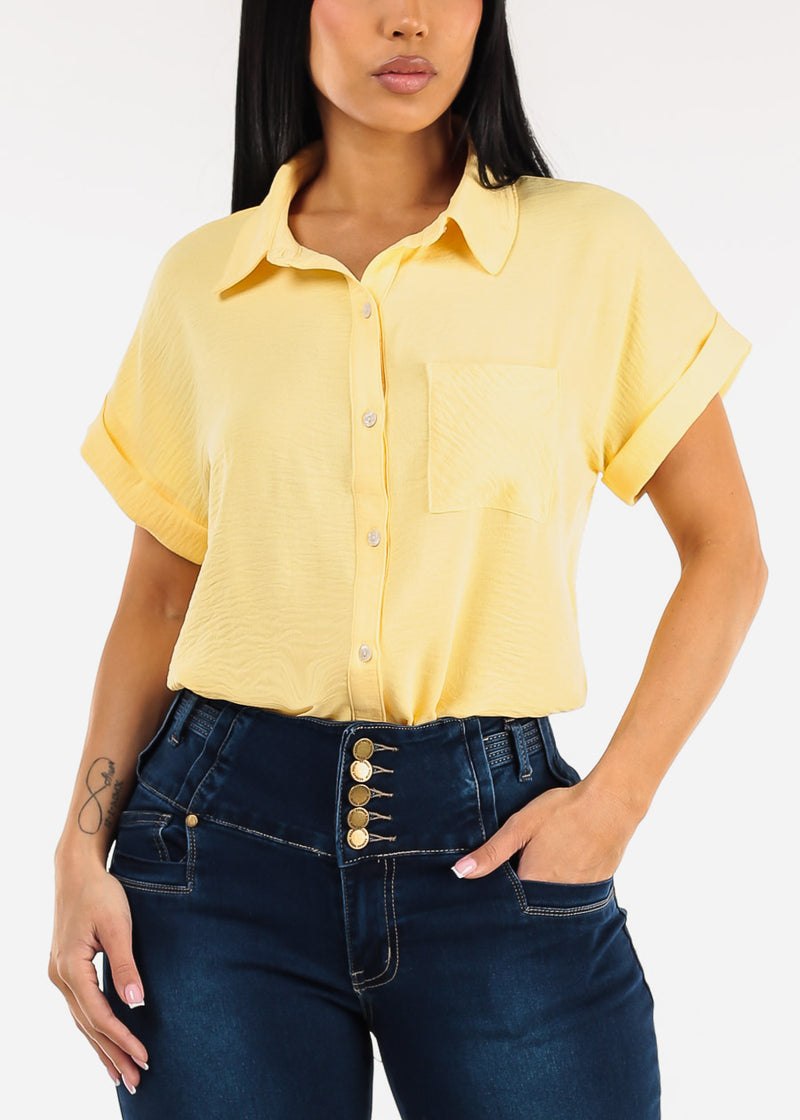 Short Sleeve Button Down Lightweight Blouse Yellow