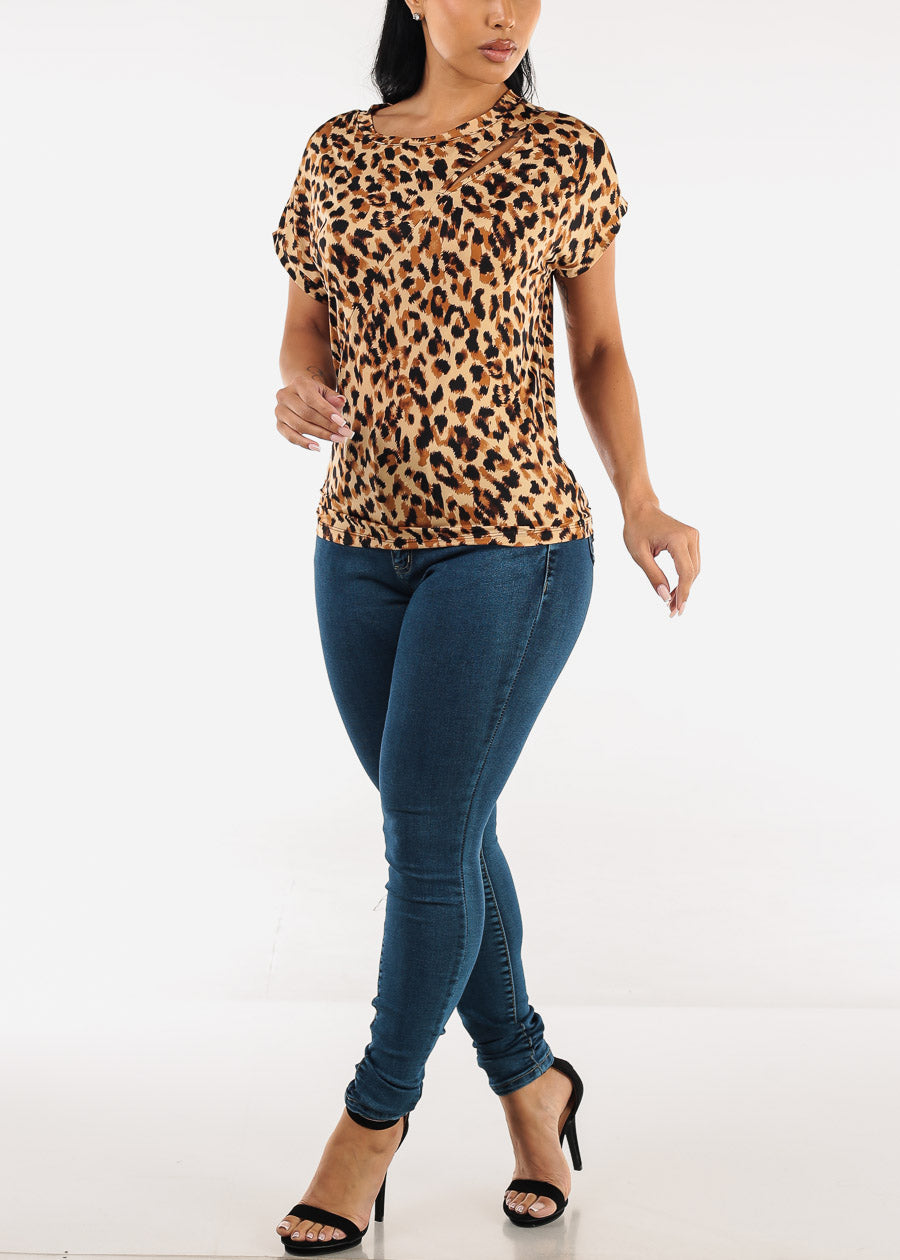 Short Sleeve Round Neck Stretchy Animal Print Blouse