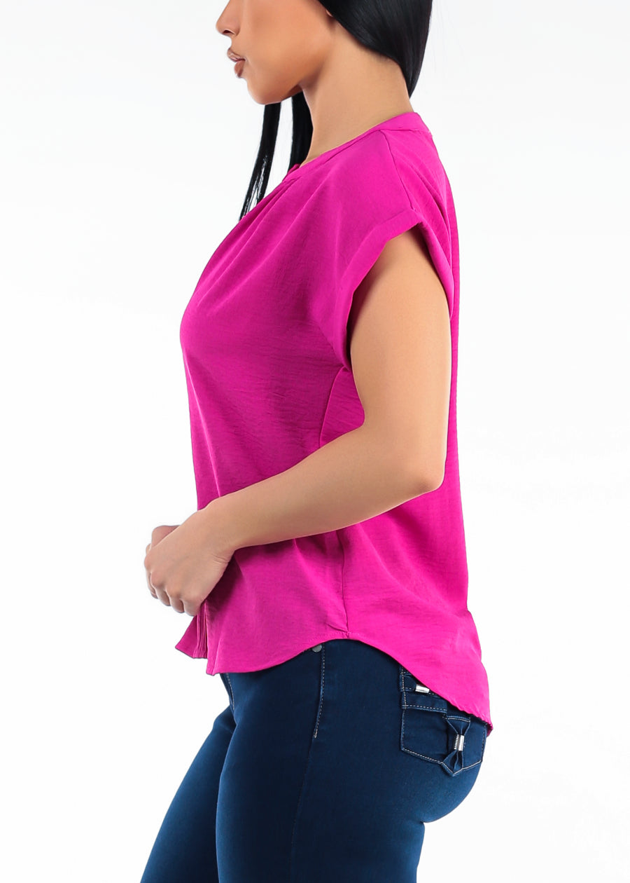 Casual Short Sleeve Vneck Lightweight Blouse Fuchsia
