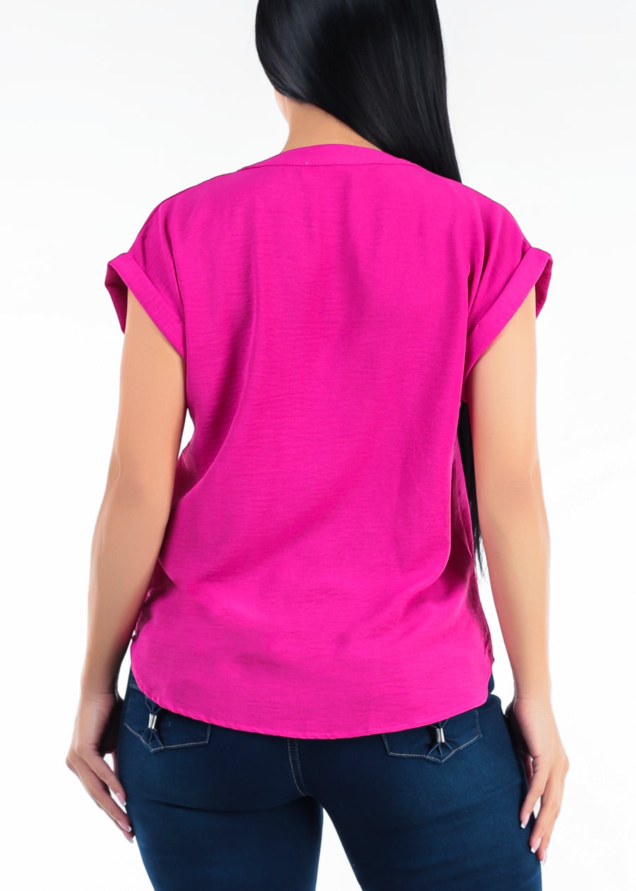 Casual Short Sleeve Vneck Lightweight Blouse Fuchsia