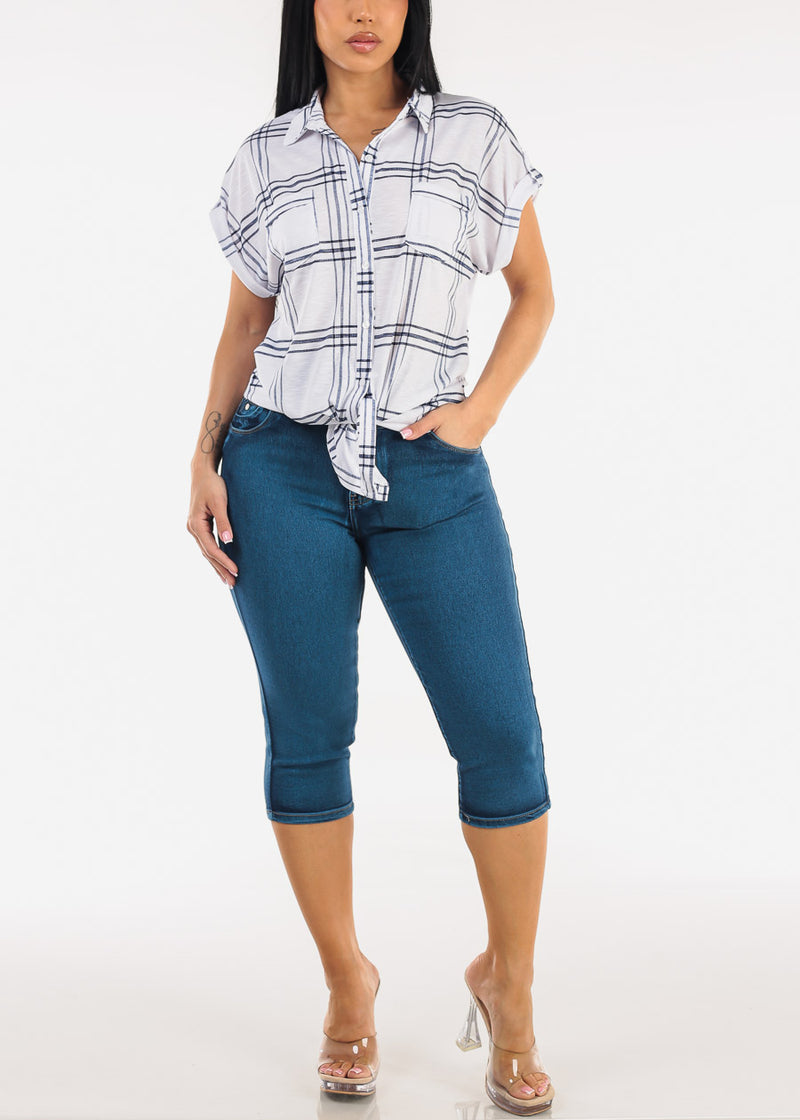 Short Sleeve Tie Front Button Up Plaid Blouse Ivory & Navy