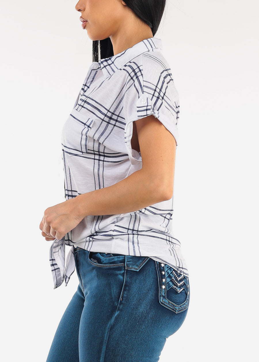Short Sleeve Tie Front Button Up Plaid Blouse Ivory & Navy