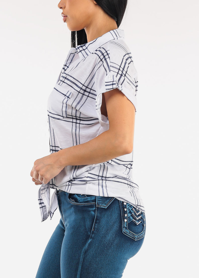 Short Sleeve Tie Front Button Up Plaid Blouse Ivory & Navy