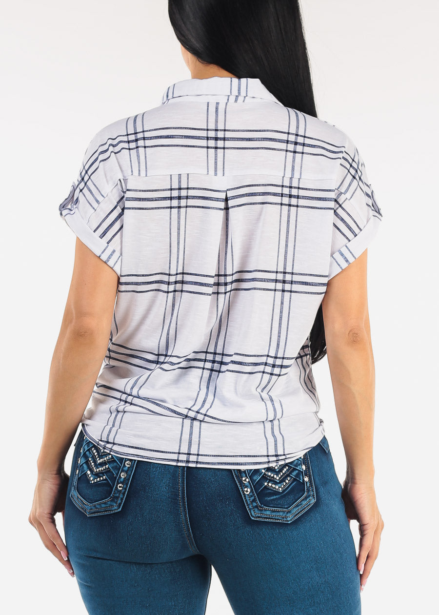 Short Sleeve Tie Front Button Up Plaid Blouse Ivory & Navy