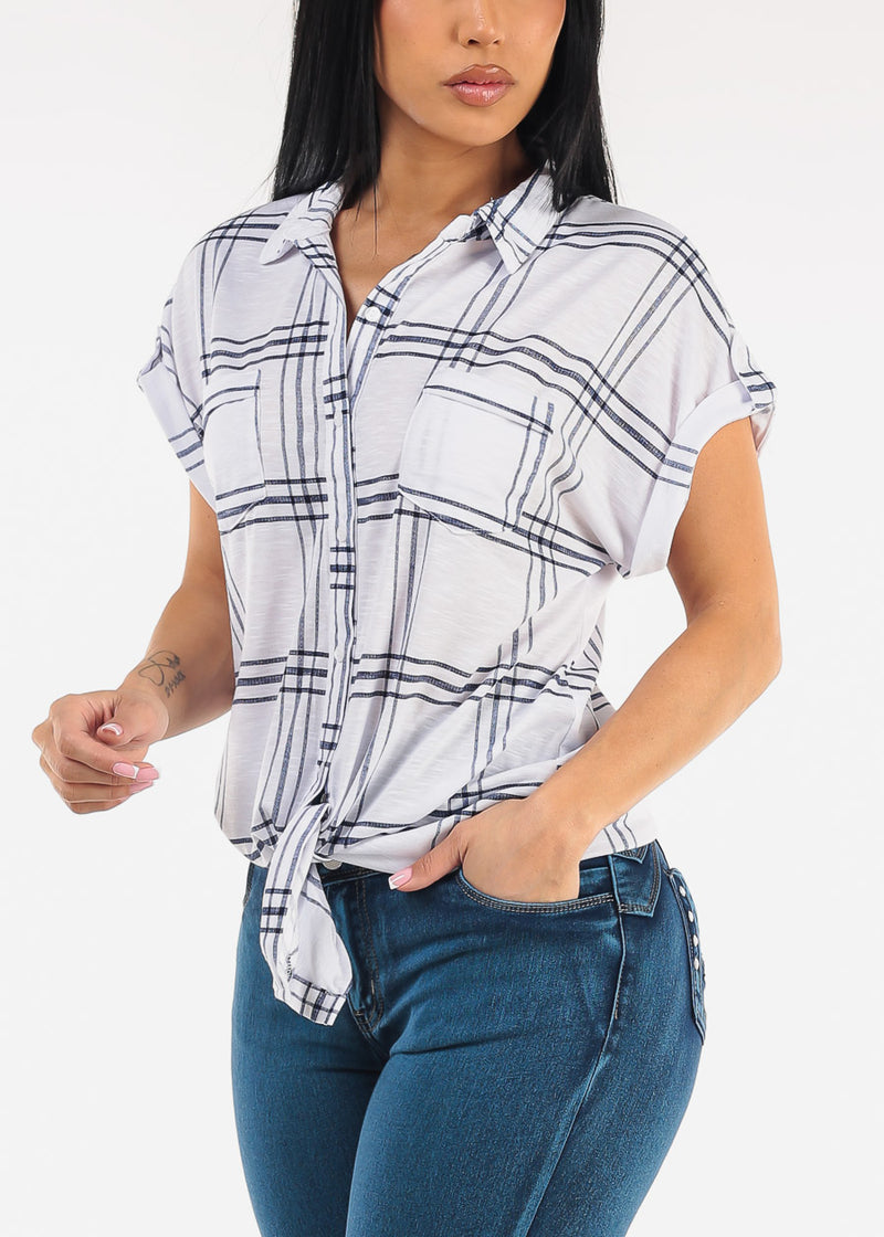 Short Sleeve Tie Front Button Up Plaid Blouse Ivory & Navy