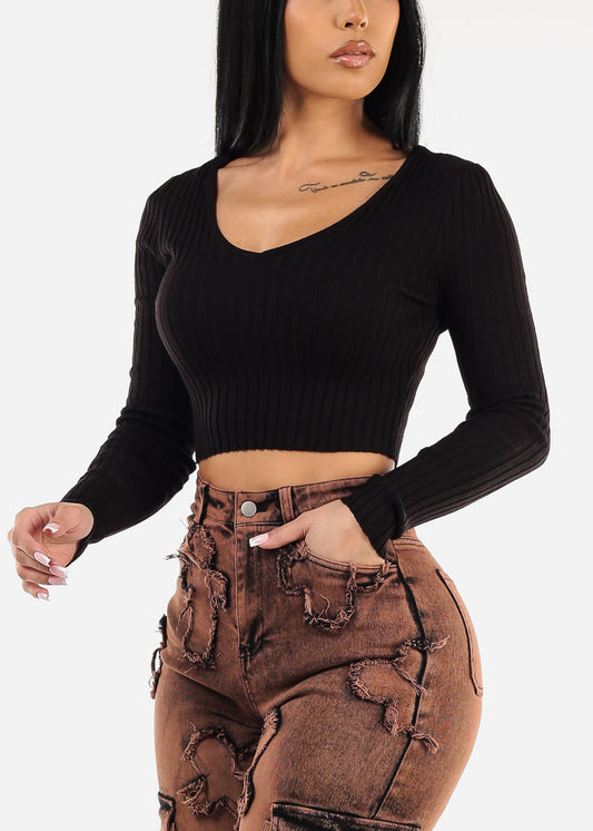 Black Long Sleeve Vneck Cropped Sweater