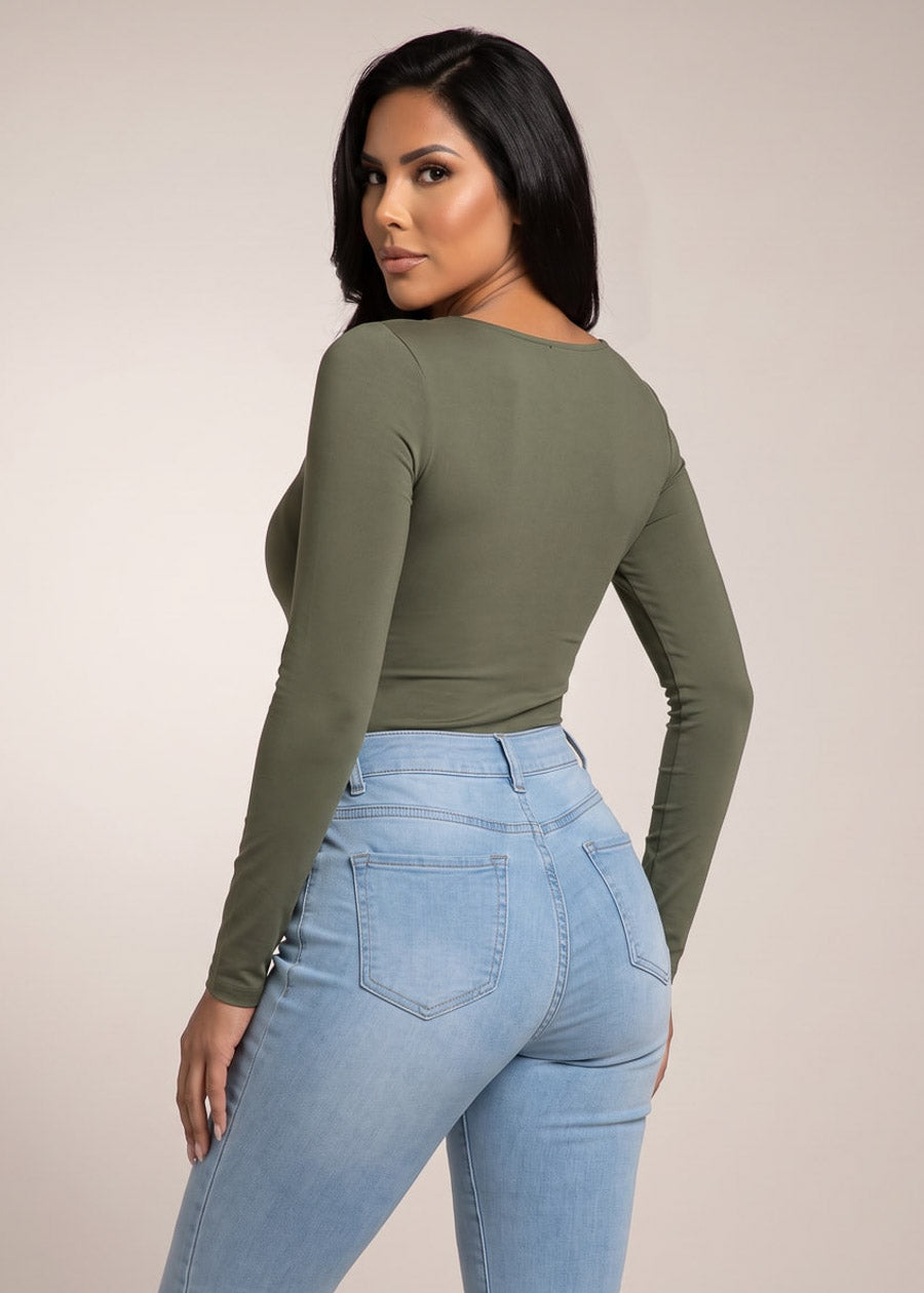 Long Sleeve Scoop Neck Stretch Top Olive, view 2 of 4