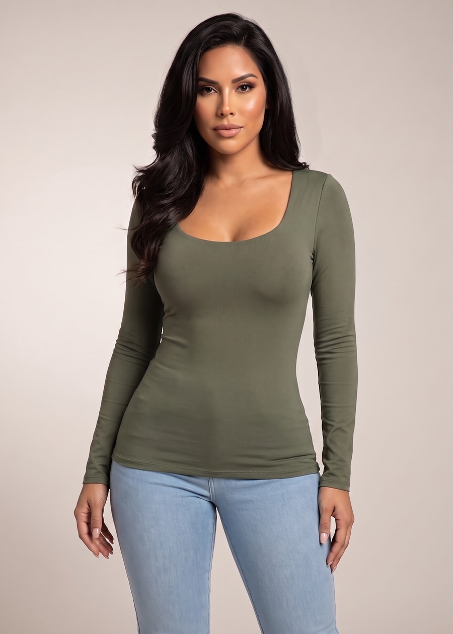 Long Sleeve Scoop Neck Stretch Top Olive, view 3 of 4