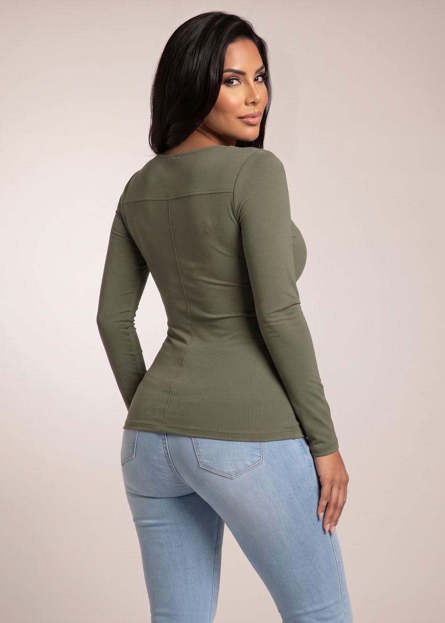 Long Sleeve Scoop Neck Stretch Top Olive, view 4 of 4