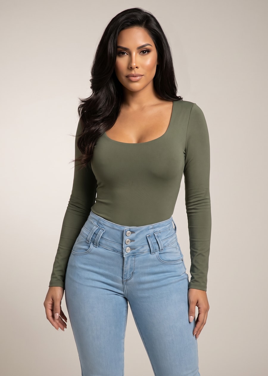 Long Sleeve Scoop Neck Stretch Top Olive, view 1 of 4