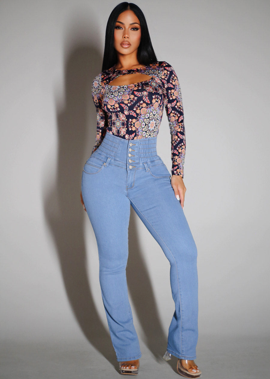 Long Sleeve Floral Stretch Thong Bodysuit Navy