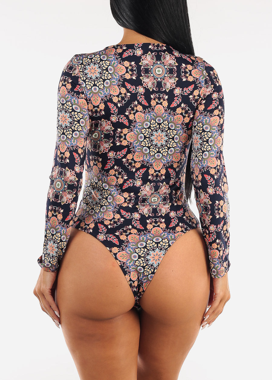 Long Sleeve Floral Stretch Thong Bodysuit Navy