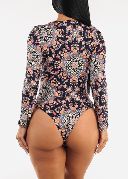 Long Sleeve Floral Stretch Thong Bodysuit Navy