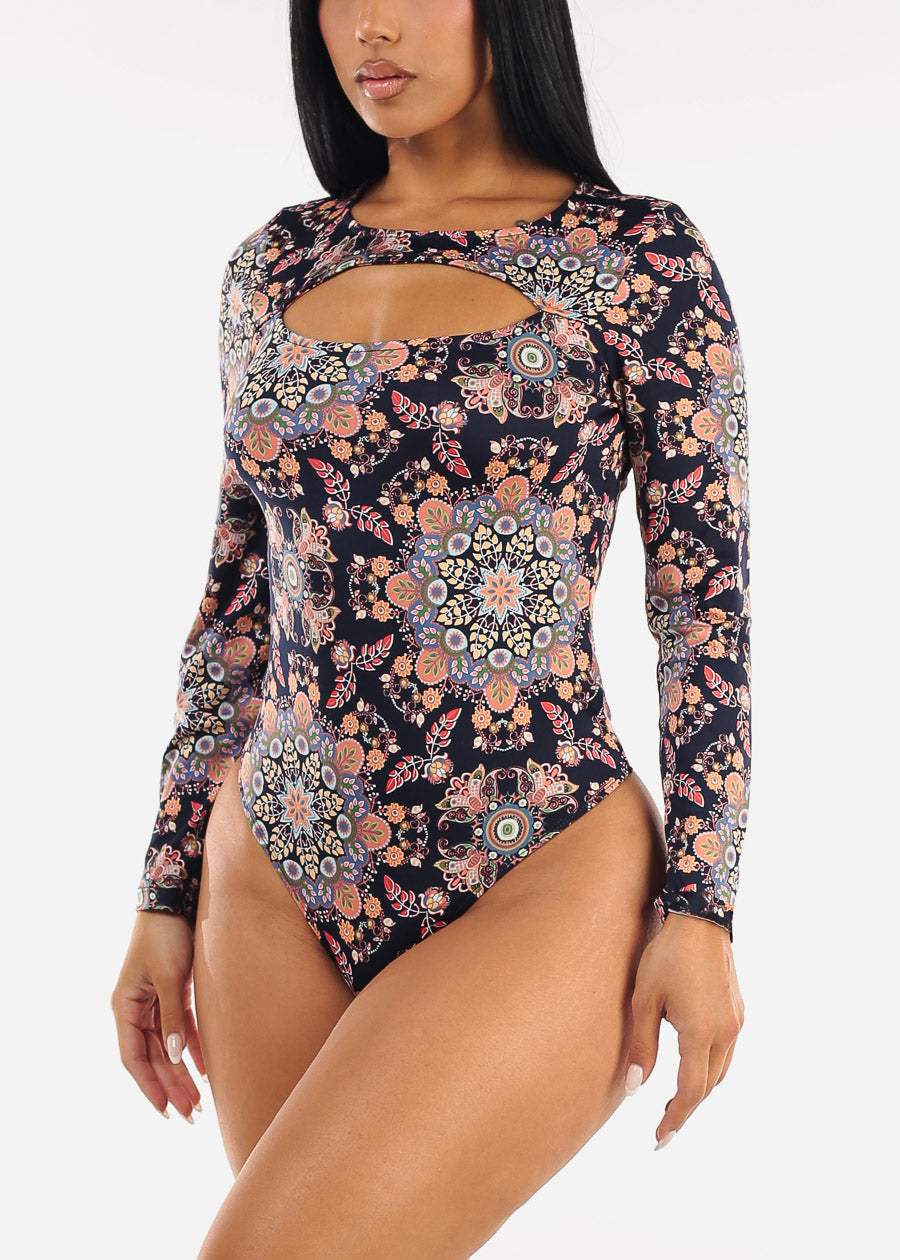 Long Sleeve Floral Stretch Thong Bodysuit Navy