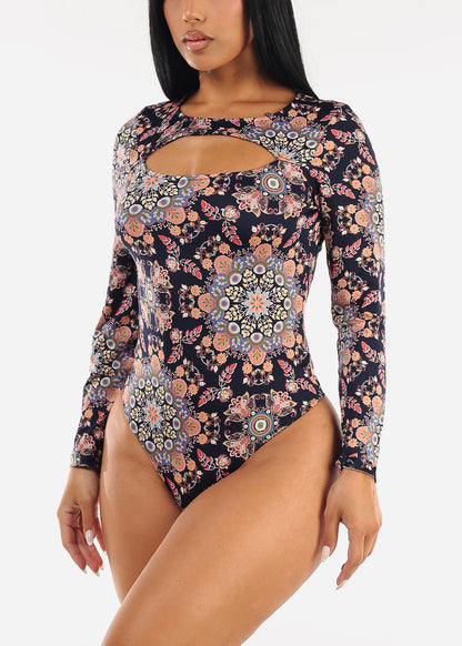 Long Sleeve Floral Stretch Thong Bodysuit Navy
