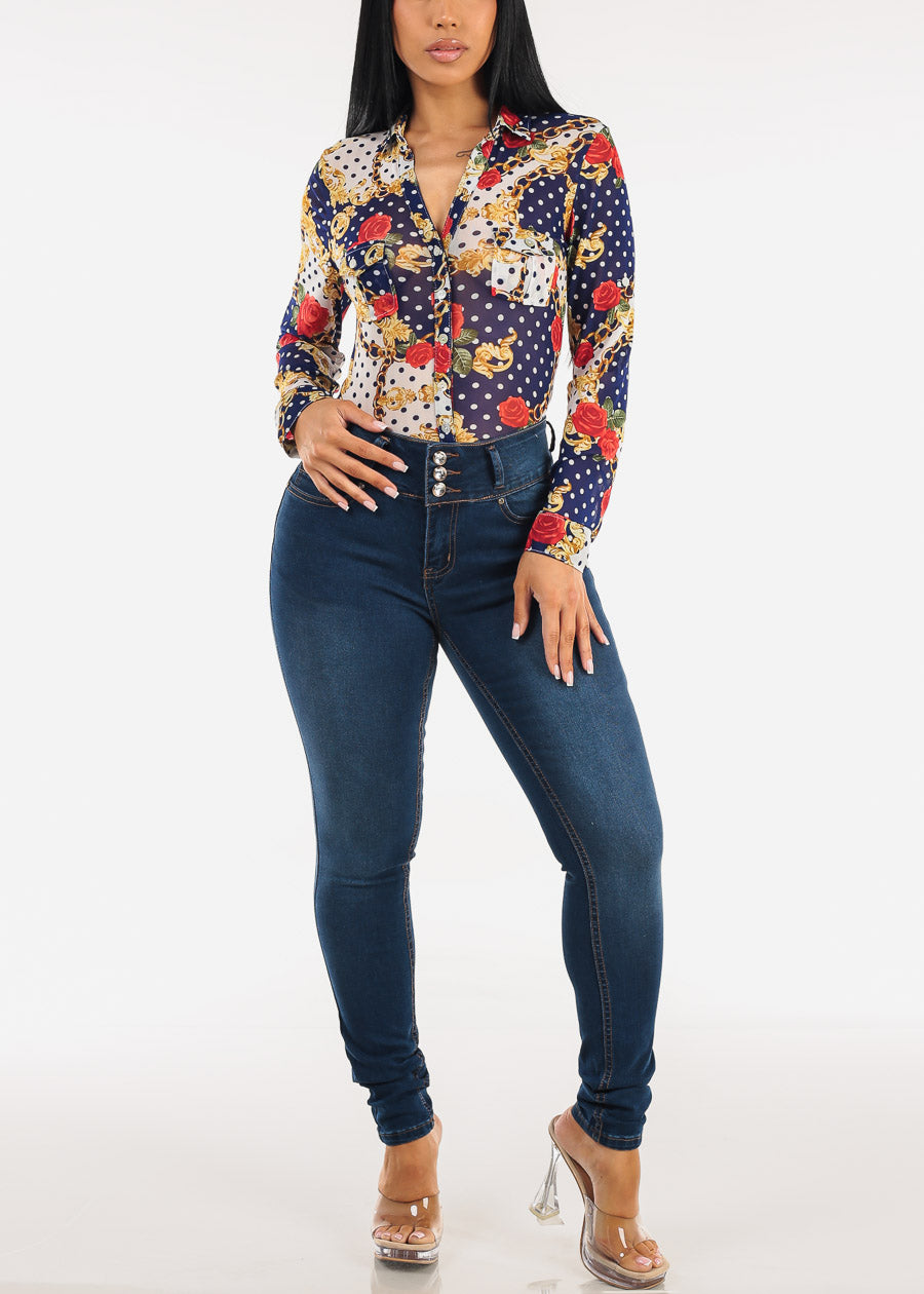 Long Sleeve Button Up Printed Mesh Blouse Blue & Ivory