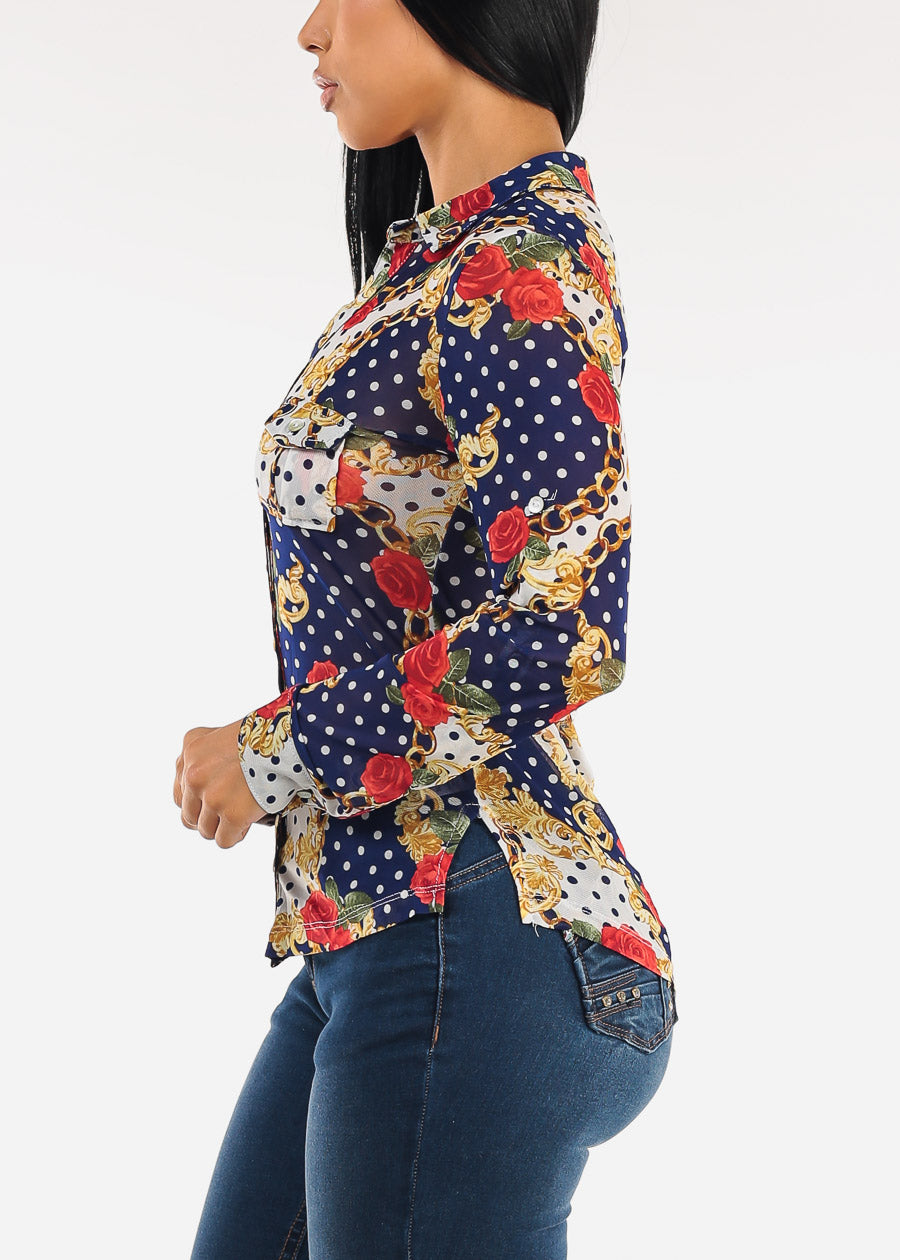 Long Sleeve Button Up Printed Mesh Blouse Blue & Ivory