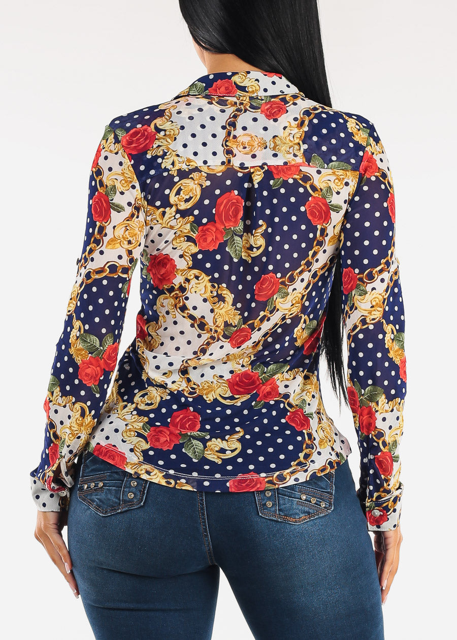 Long Sleeve Button Up Printed Mesh Blouse Blue & Ivory