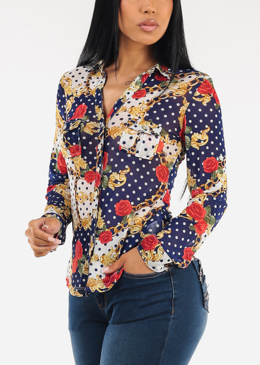 Long Sleeve Button Up Printed Mesh Blouse Blue & Ivory