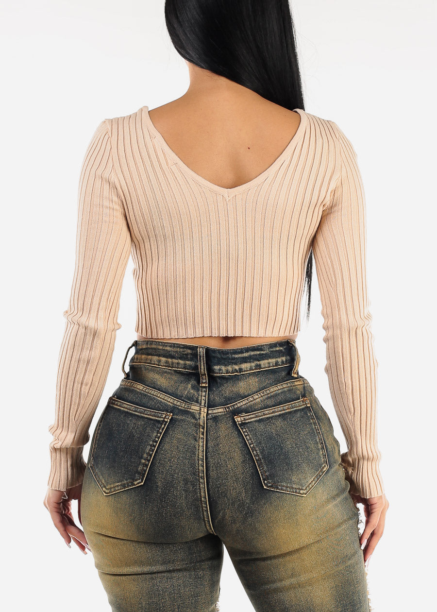 Long Sleeve Vneck Crop Sweater Light Pink